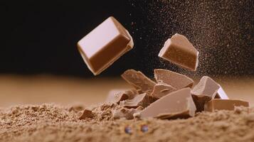 Indulge your senses with this captivating close-up of rich, decadent chocolate pieces in mid-air, surrounded by a cloud of cocoa powder Perfect for culinary blogs, dessert advertisements, or anyone photo
