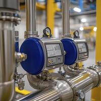 Industrial Automation Precision A Close-Up View of Flow Meters in a Modern Manufacturing Facility, Showcasing Advanced Technology and Process Control Capture the Intricate Details of the Stainless photo