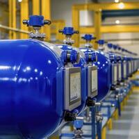 Industrial Filtration System High-Resolution Image of Blue Filters, Manufacturing Plant Equipment and Instrumentation in a Controlled Environment, Showing Technological Precision and Efficiency photo