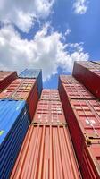 Looking up at a towering stack of vibrant, colorful shipping containers reaching towards a clear blue sky filled with fluffy white clouds, showcasing industrial efficiency and global trade photo