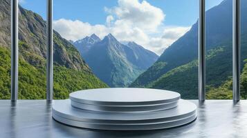 Majestic Mountain View Backdrop Showcase your product with this stunning platform display against a backdrop of breathtaking mountains Ideal for product showcases, promotional materials, and photo