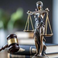 Justice, Law, and Order A symbolic representation featuring Lady Justice holding scales, a gavel resting on books, embodying fairness, impartiality, and legal principles for courts, attorneys, and photo