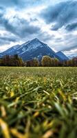 Majestic Mountain Vista A Scenic Landscape Photography Capture Showcasing the Breathtaking Beauty of Nature, Featuring Rolling Green Fields, Lush Trees in Autumn Colors, and a Towering Mountain Peak photo