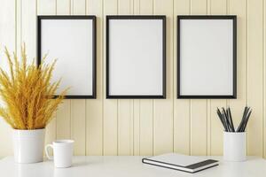 Minimalist Home Decor with Three Black Framed Mockups, Wheat Stalks, and a Simple White Desk Explore Elegant Interior Design Ideas Featuring Clean Lines and Natural Elements Perfect for Visualizing photo