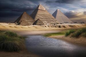 Majestic Pyramids of Giza at Sunset An Egyptian Adventure Through Ancient History and Architecture, Exploring the Wonders of the World Behold the Beauty of the Desert Landscape, Golden Sands, and the photo