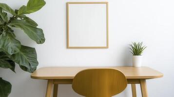 Minimalist Home Office Decor with Blank Frame Mockup A serene workspace featuring a clean desk, a modern chair, and vibrant indoor plants against a pristine white wall Ideal for showcasing artwork photo
