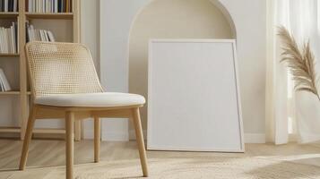 Minimalist Interior Design A Serene Home Decor Scene Featuring a Modern Beige Chair, Blank White Frame Mockup, and Arched Niche, Bathed in Soft Sunlight Perfect for Inspiring Calm and Creativity in photo
