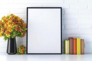 Modern Interior Design Mockup with Blank Frame, Flowers, and Books Visualize your art, posters, or photos within a stylish home setting Perfect for showcasing designs, promoting artistic creations