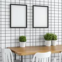 Modern Interior Design with Blank Frames A minimalist room featuring two empty picture frames hanging above a wooden table, adorned with small potted green plants and white chairs, perfect for photo