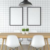 Modern Minimalist Dining Room A Bright, Clean Interior Design Featuring a Light Wood Table, White Chairs, Black Framed Wall Art, and Subway Tile Backsplash Enhance Your Home Decor with This Stylish photo