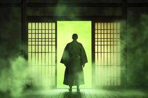Mysterious Encounter Witness a solitary figure standing before a glowing green doorway, shrouded in an ethereal mist The figure, cloaked in traditional attire, evokes feelings of anticipation and photo