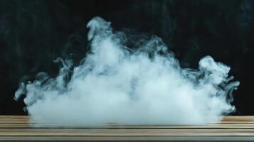 Mystical White Smoke Cloud Floating Above Wooden Surface, Evoking Mystery, Ethereal Beauty, and Atmospheric Serenity, A Captivating Image for Creative Projects Related to Science, Art, Abstract photo