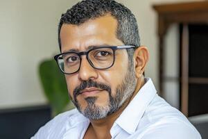 Portrait of a mature man with short, salt and pepper hair and a neatly trimmed beard, wearing glasses and a white shirt, looking directly at the camera with a serious expression A natural, unfiltered photo