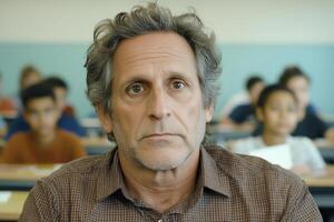Portrait of a Middle-Aged Teacher in a Classroom Setting, Depicting a Range of Emotions from Concern to Calmness, Focused Primarily on His Expressive Eyes and Weathered Face, Captured with Natural photo