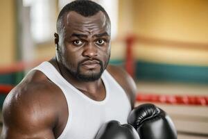 Powerful Boxer Portrait Capturing the Essence of Strength, Determination, and Athleticism, Featuring a Focused African American Athlete in Peak Physical Condition Ready to Compete in the Boxing Ring photo