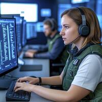 Professional Woman Analyzing Data on Computer Screens in a Modern Control Room, Wearing a Headset, Focused on Cyber Security, Featuring a Colleague in the Background, Emphasizing Technology photo