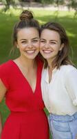 Radiant Smiles and Sisterly Bond Two Beautiful Young Women Embrace Friendship in a Sunlit Park, Capturing the Essence of Joy and Happiness Their Matching Features and Warm Expressions Highlight the photo