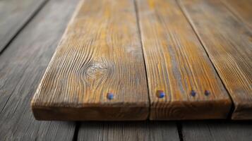 Rustic Wooden Tabletop Texture A Close-Up of Weathered Planks with Visible Wood Grain and Nail Heads Perfect for Backgrounds and Overlays This High-Resolution Image Showcases the Natural Beauty and photo