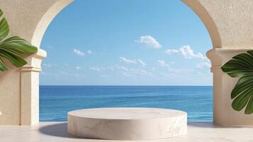 Serene Coastal Product Display Showcase your products with this stunning 3D render featuring a minimalist platform against a breathtaking ocean backdrop The elegant arch frames a calming blue sea and photo