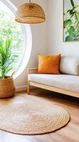 Serene Interior Design A Harmonious Blend of Natural Light, Warm Tones, and Organic Textures, Featuring a Cozy Sofa, Circular Rug, Woven Pendant Light, and Lush Green Plant, Creating an Inviting and photo