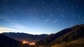 Dazzling meteor shower illuminates mountain landscape at night celestial event scenic view nature's beauty photo