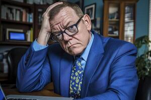 Stressed Businessman Portrait Navigating Challenges and Overcoming Obstacles in the Modern Workplace, Showcasing the Emotions of a Tired and Frustrated Professional, Displaying Fatigue, Pressure, and photo