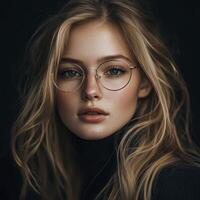 Stunning Portrait of a Blonde Woman with Glasses Explore the Beauty of Natural Light and Soft Hues in this Captivating Image A Study in Facial Expression, Detailed Skin Texture, and the Subtle Charm photo