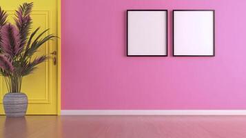 Stylish Interior Design A Vibrant Pink Wall Complemented by Two Empty Frames and a Decorative Plant Near a Yellow Door, Perfect for Mockups and Interior Visualizations Showcase Your Artwork or photo