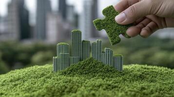 Sustainable Urban Development A Green City Concept Depicting a Miniature Metropolis Constructed from Moss and Grass, Representing Eco-Friendly Architecture and Environmental Consciousness The Image photo