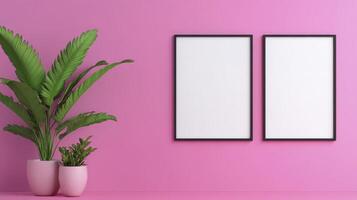 Two blank picture frames hanging on a vibrant pink wall, perfect for showcasing art, photos, or typography, complemented by lush green potted plants adding a touch of nature and serenity to any photo