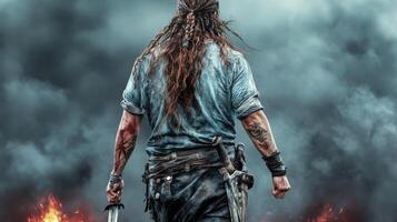 Unleash the Fury A Captivating Image of a Viking Warrior Prepared for Battle, Standing Resolute Amidst the Flames, his Steadfast Determination Etched Upon his Face, Ready to Face his Enemies with photo