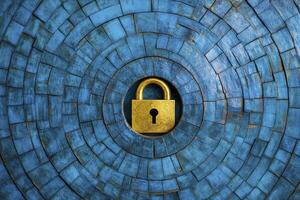 Unlock the Secrets Exploring Themes of Security, Protection, and Access in a Stunning Blue-Toned Visual Narrative, Showcasing a Golden Padlock Centered within an Intricate Circular Mosaic Pattern photo