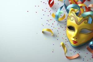 Vibrant Carnival Celebration Explore the festive spirit with this captivating image showcasing a dazzling yellow mask adorned with colorful streamers and confetti, perfect for conveying themes of photo