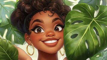 Vibrant Cartoon Portrait of a Smiling Woman with Lush Green Leaves A Captivating Illustration Showcasing Beauty, Nature, and Joy Explore the Delicate Details, Warm Tones, and Playful Composition in photo