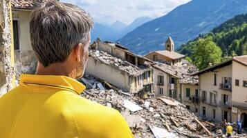 Witnessing Devastation A Man's Perspective on Earthquake Aftermath in a Mountain Village Analyzing the ruins of homes and structures, the community in shock Assessing the physical and emotional photo