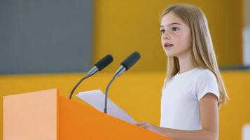 Young Girl Giving Speech at Podium, an Inspiring Moment of Youthful Oratory, Showcasing Confidence and Public Speaking Skills Observe a Bright, Cheerful Presentation Setting with Warm Lighting and photo