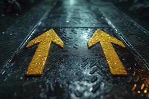 Vibrant gold arrows pointing in opposing directions, set on a textured, industrial surface The contrasting metallic tones create a compelling visual, symbolizing choice, decision-making, and paths photo