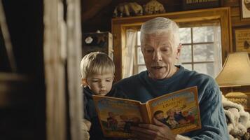 A Heartwarming Moment Grandfather and Grandson Sharing a Storybook Adventure in a Cozy Cabin, Creating Cherished Memories Reading tales of imagination, building a bond of love and wisdom This photo