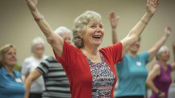 Active Seniors Embracing Fitness and Wellness A Vibrant Group of Elderly Women Participating in an Engaging Exercise Class, Promoting Healthy Aging, Joyful Movement, and Social Connection Featuring photo