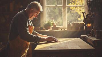 Captivating portrait of an experienced woodworker, his weathered hands carefully smoothing a wooden surface in a sunlit workshop Golden light streams through the window, illuminating dust motes and photo