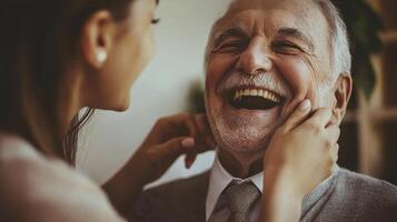 Capture the heartwarming connection between generations with this image showcasing a young woman lovingly touching the face of her smiling grandfather, radiating joy and affection Perfect for photo