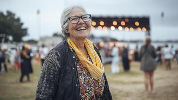 Capture the Joy A Smiling Senior Woman Embracing the Festivities at an Outdoor Concert Event, radiating happiness amidst the bustling crowd and vibrant atmosphere, where the music and camaraderie photo