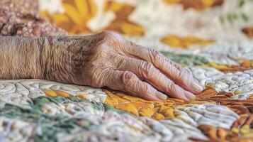 Capture the serene beauty of aging with this close-up image featuring an elderly person's hand resting gently on a colorful, patterned quilt, evoking feelings of warmth, nostalgia, and the passage of photo