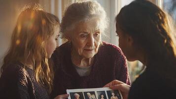 Capturing Generations A Heartwarming Image of Family Bonds, Love, and Connection Across Time Three women, a grandmother, a mother, and a daughter, come together to relive cherished memories through photo