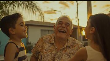 Capturing Joyful Moments A Heartwarming Image of Intergenerational Connection, Featuring a Grandfather Sharing Laughter and Love with His Grandchildren Under the Warm Glow of the Setting Sun, This photo
