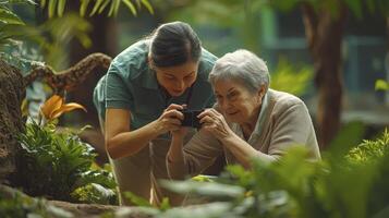 Capturing Precious Moments A Heartwarming Scene of Intergenerational Connection, Senior Woman and Younger Caregiver Sharing a Joyful Experience, Viewing Photos on a Smartphone Amidst Lush Greenery