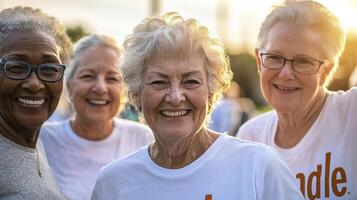 Capturing the essence of joyful aging A group of diverse senior women radiates happiness and friendship outdoors, their smiles reflecting vibrant lives and shared experiences This heartwarming image photo