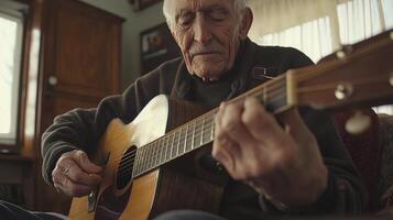 Capturing the Essence of Timeless Passion An Elderly Man's Serene Guitar Performance Explore the Depth of Emotion Through Musical Expression, Witnessing Years of Experience Woven into Each Note, A photo