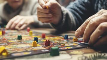 Capturing the Joy of Family Game Night A Close-Up Perspective of Hands Moving Pieces on a Vibrant Board, Evoking Warmth, Connection, and Shared Moments Enjoy the detailed focus on the multicolored photo