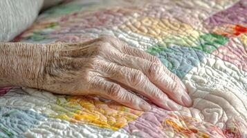 Close-up captures the delicate, wrinkled hand of an elderly woman resting gently upon a colorful, patterned quilt, evoking feelings of warmth, comfort, and nostalgia, showcasing the beauty and photo